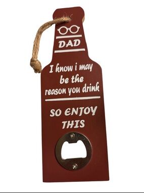 Dad Bottle-Shaped Wall Bottle Opener - Burgundy with White Lettering NEW